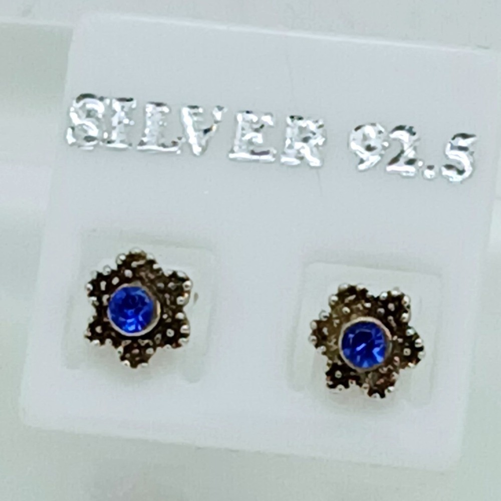 Vintage 925 Sterling Silver Blue Crystal Flower Stud Earrings Floral Jewelry - Picture 2 of 16
